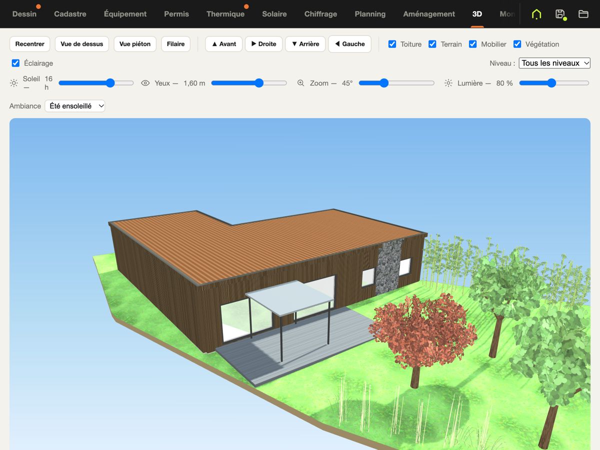 Maquette 3D dans Maizr : maison de plain-pied en bardage bois avec un pan de pierre, baies vitrées, terrasse et pergola, jardin arboré, soleil réglé à 16 h