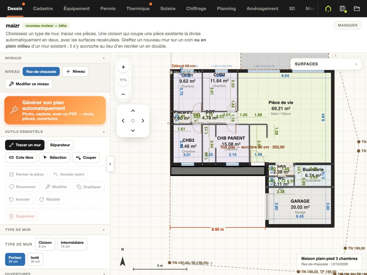 Plan d'une maison dans Maizr : chaque pièce affiche sa surface, les murs sont cotés, et le bouton « Générer son plan automatiquement » propose de partir d'une photo, d'une capture, d'un scan ou d'un PDF.